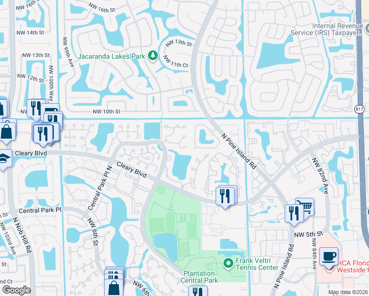 map of restaurants, bars, coffee shops, grocery stores, and more near 9208 Northwest 9th Court in Plantation