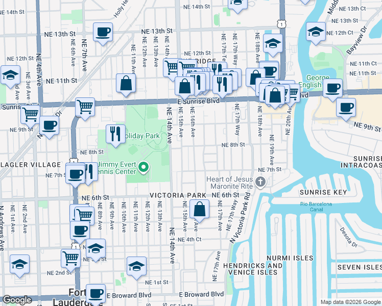map of restaurants, bars, coffee shops, grocery stores, and more near 737 Northeast 16th Avenue in Fort Lauderdale