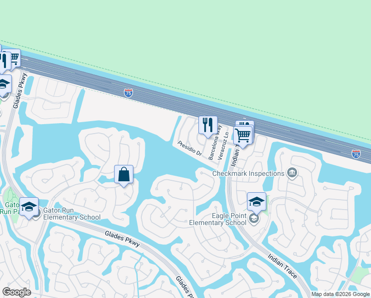 map of restaurants, bars, coffee shops, grocery stores, and more near 1421 Presidio Drive in Weston