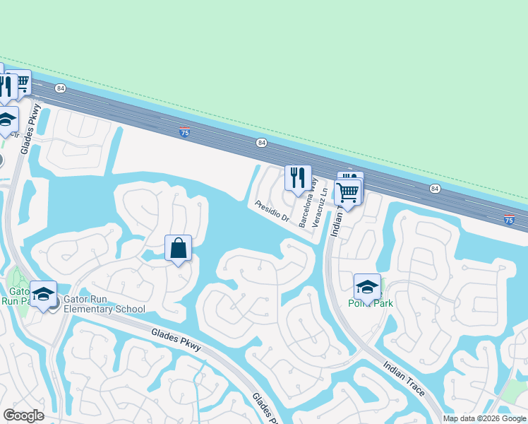 map of restaurants, bars, coffee shops, grocery stores, and more near 1427 Presidio Drive in Weston
