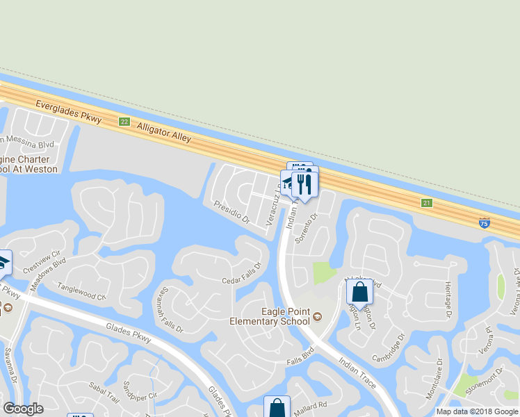 map of restaurants, bars, coffee shops, grocery stores, and more near 1451 Barcelona Way in Weston