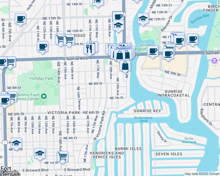 map of restaurants, bars, coffee shops, grocery stores, and more near 720 North Victoria Park Road in Fort Lauderdale