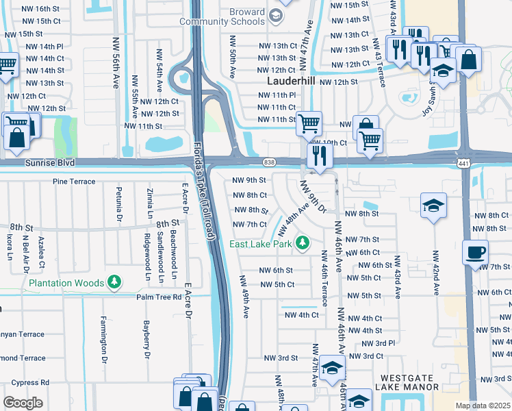 map of restaurants, bars, coffee shops, grocery stores, and more near 4836 Northwest 8th Street in Plantation
