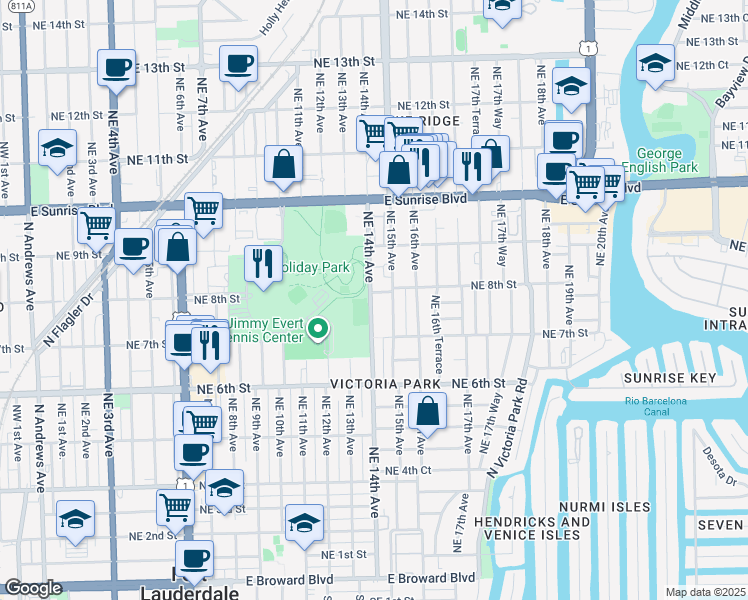 map of restaurants, bars, coffee shops, grocery stores, and more near 728 Northeast 14th Avenue in Fort Lauderdale
