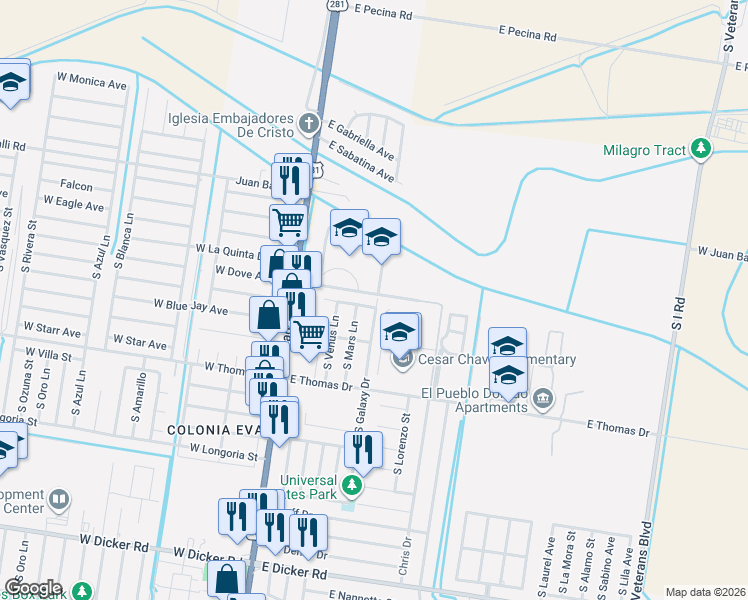map of restaurants, bars, coffee shops, grocery stores, and more near 6209 South Mars Lane in Pharr