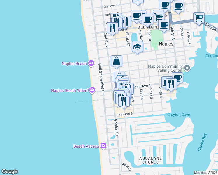 map of restaurants, bars, coffee shops, grocery stores, and more near 160 Broad Avenue South in Naples