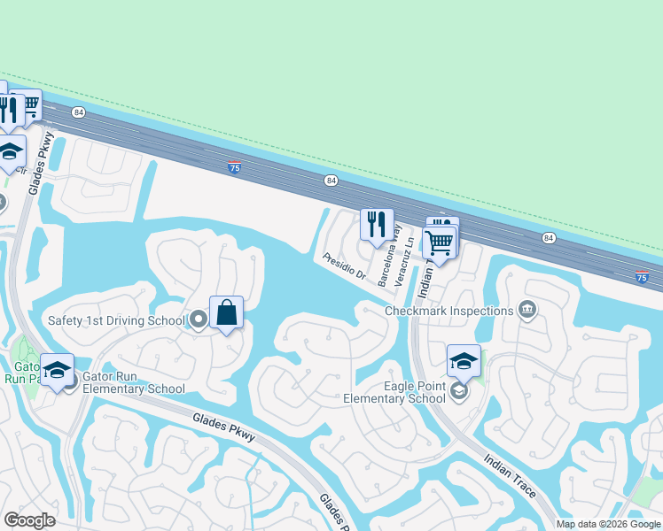 map of restaurants, bars, coffee shops, grocery stores, and more near 1427 Presidio Drive in Weston