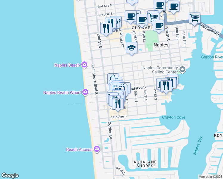 map of restaurants, bars, coffee shops, grocery stores, and more near 284 Broad Avenue South in Naples