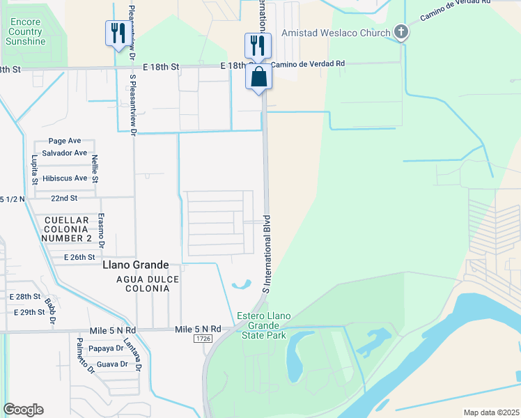 map of restaurants, bars, coffee shops, grocery stores, and more near 2612 South International Boulevard in Weslaco