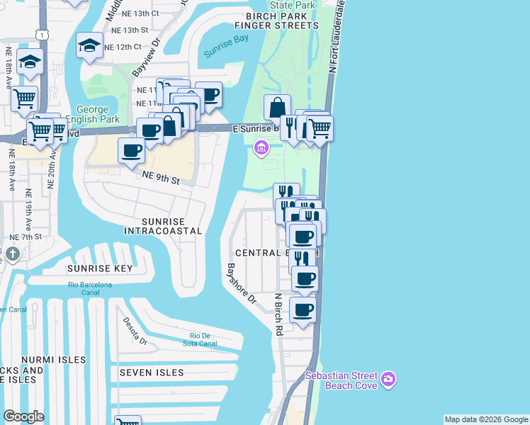 map of restaurants, bars, coffee shops, grocery stores, and more near 711 North Birch Road in Fort Lauderdale