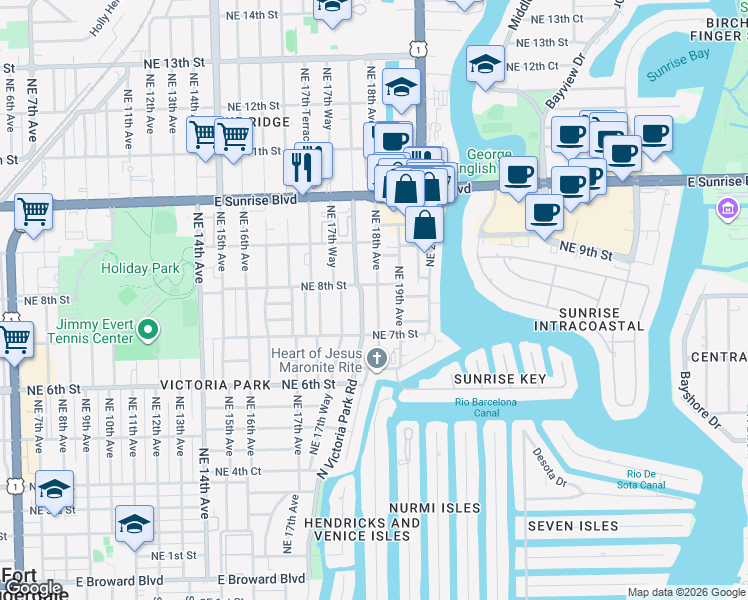 map of restaurants, bars, coffee shops, grocery stores, and more near 720 North Victoria Park Road in Fort Lauderdale