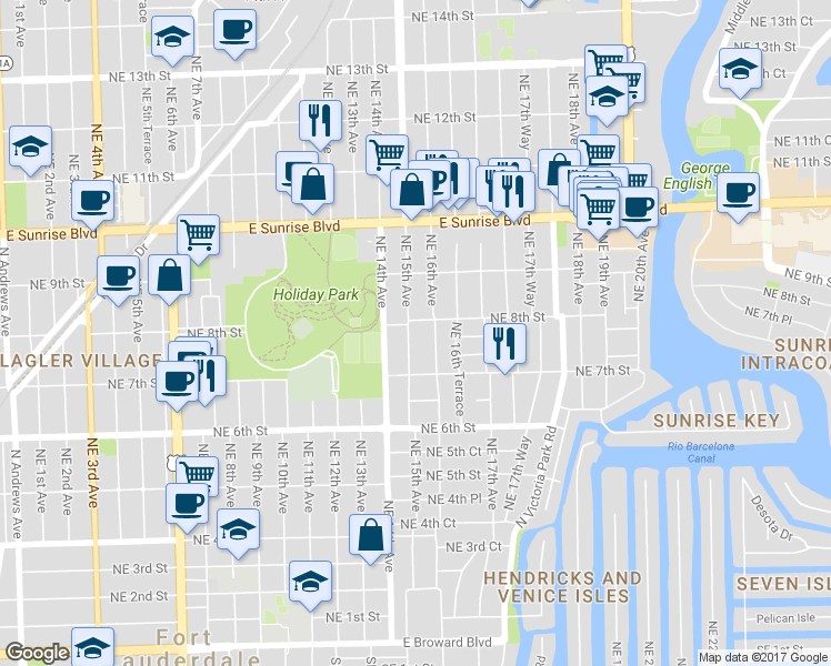 map of restaurants, bars, coffee shops, grocery stores, and more near 726 Northeast 15th Avenue in Fort Lauderdale