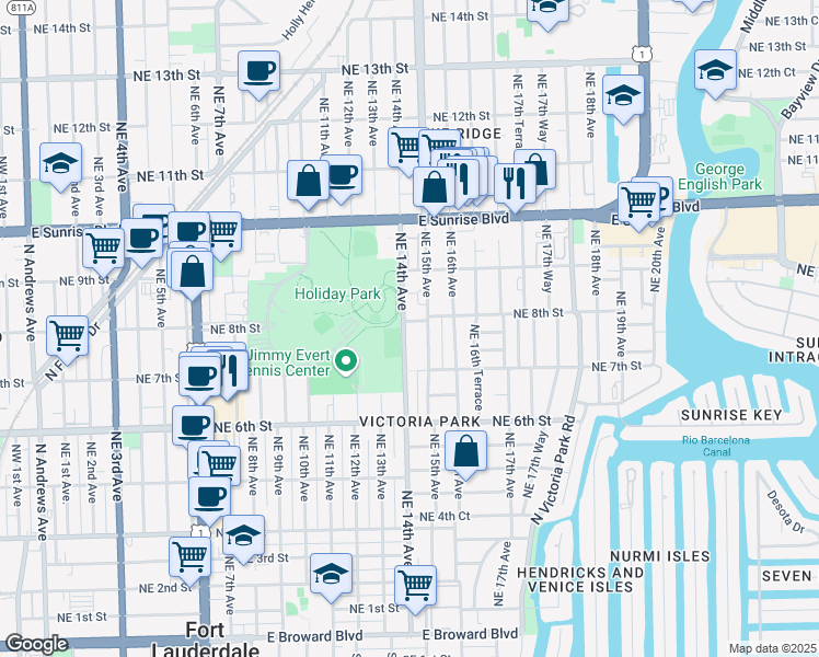 map of restaurants, bars, coffee shops, grocery stores, and more near 728 Northeast 14th Avenue in Fort Lauderdale