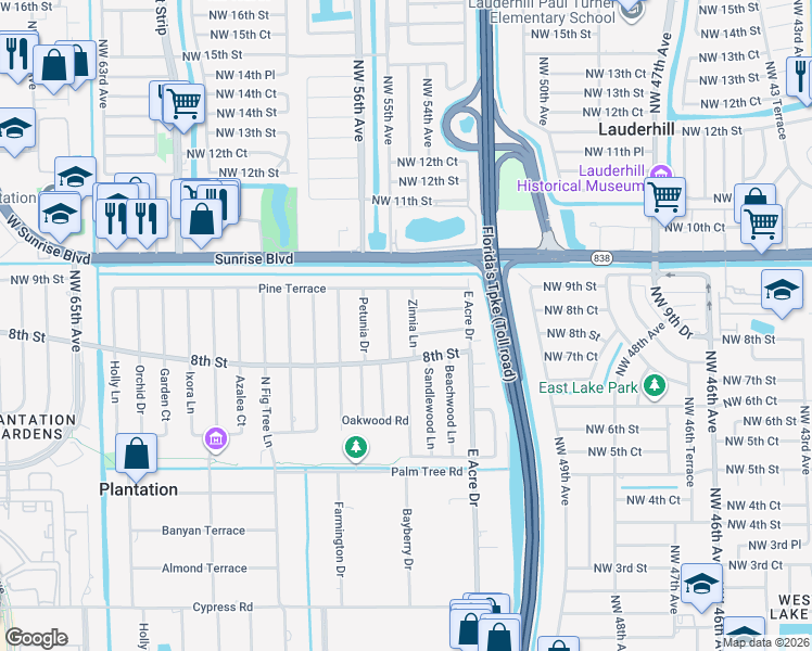 map of restaurants, bars, coffee shops, grocery stores, and more near 840 Alamanda Court in Plantation
