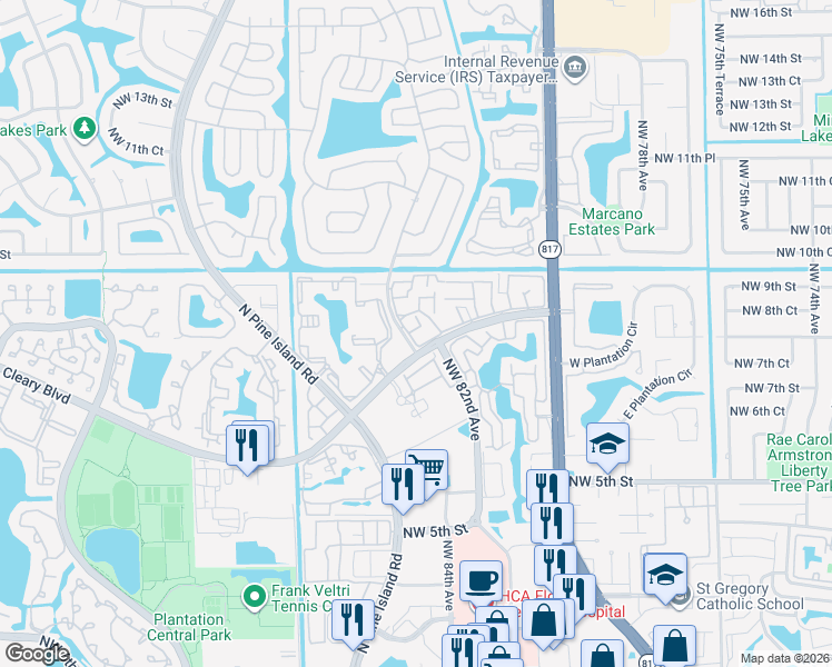 map of restaurants, bars, coffee shops, grocery stores, and more near 8243 Northwest 8th Street in Plantation