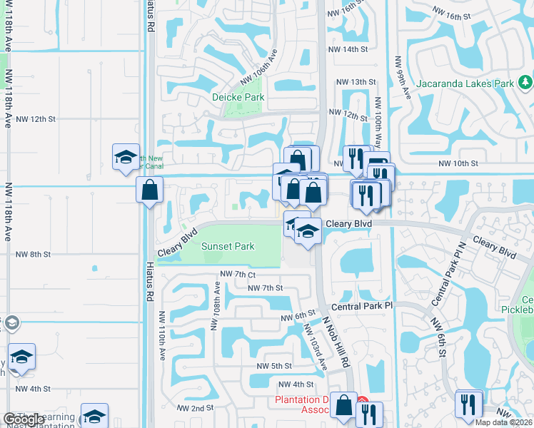 map of restaurants, bars, coffee shops, grocery stores, and more near 10709 Cleary Boulevard in Plantation