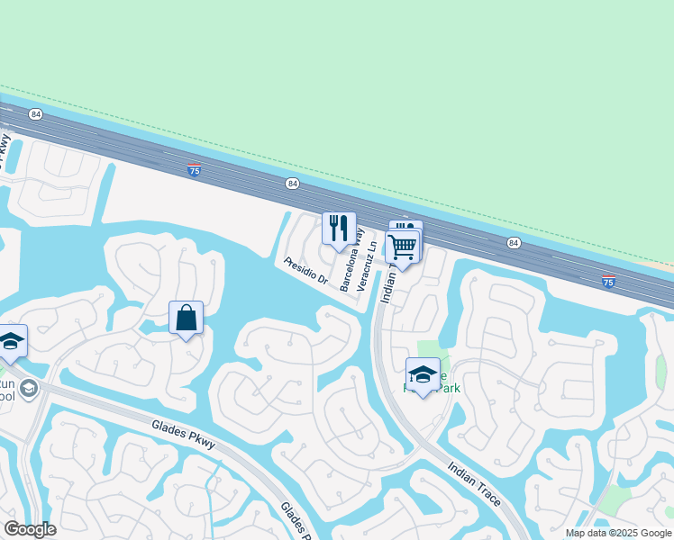 map of restaurants, bars, coffee shops, grocery stores, and more near 1361 Presidio Drive in Weston
