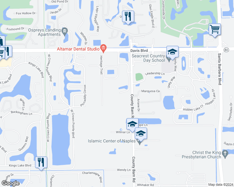 map of restaurants, bars, coffee shops, grocery stores, and more near 1885 Florida Club Drive in Naples