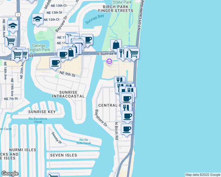 map of restaurants, bars, coffee shops, grocery stores, and more near 711 North Birch Road in Fort Lauderdale
