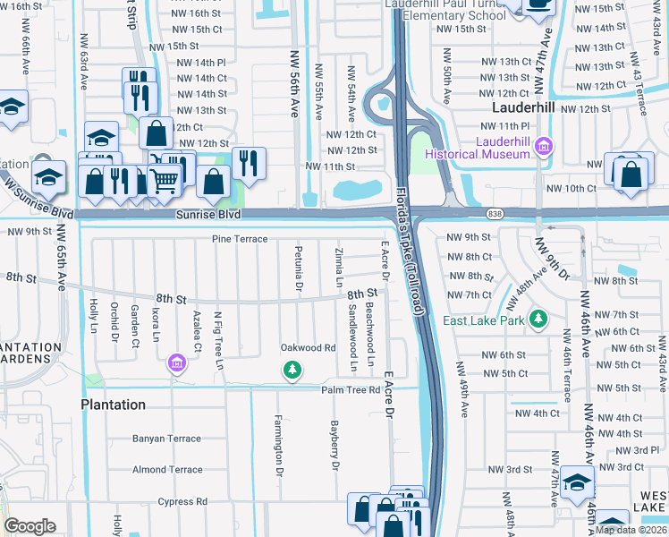 map of restaurants, bars, coffee shops, grocery stores, and more near 840 Alamanda Court in Plantation