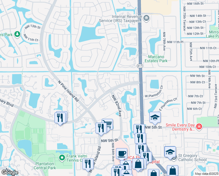 map of restaurants, bars, coffee shops, grocery stores, and more near 8243 Northwest 8th Street in Plantation