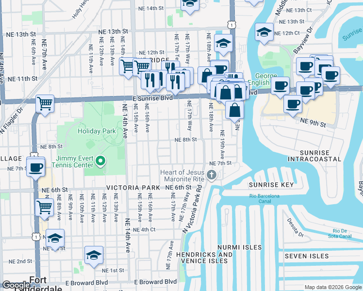 map of restaurants, bars, coffee shops, grocery stores, and more near 720 Northeast 17th Terrace in Fort Lauderdale