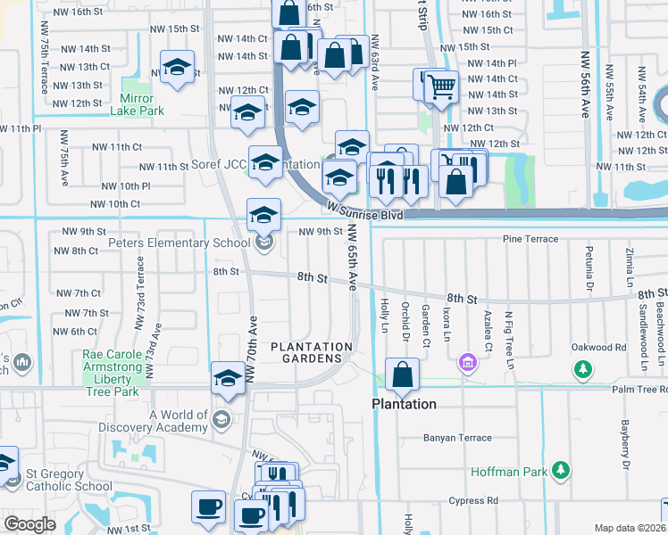 map of restaurants, bars, coffee shops, grocery stores, and more near 800 Northwest 66th Avenue in Plantation