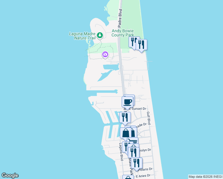 map of restaurants, bars, coffee shops, grocery stores, and more near 112-128 Kings Court in South Padre Island