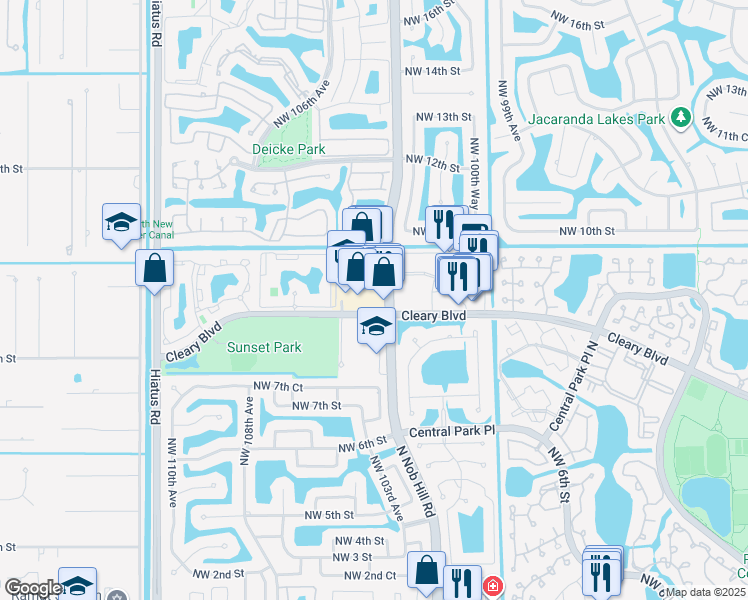 map of restaurants, bars, coffee shops, grocery stores, and more near 801 North Nob Hill Road in Plantation