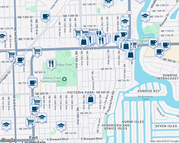 map of restaurants, bars, coffee shops, grocery stores, and more near 725 Northeast 16th Terrace in Fort Lauderdale