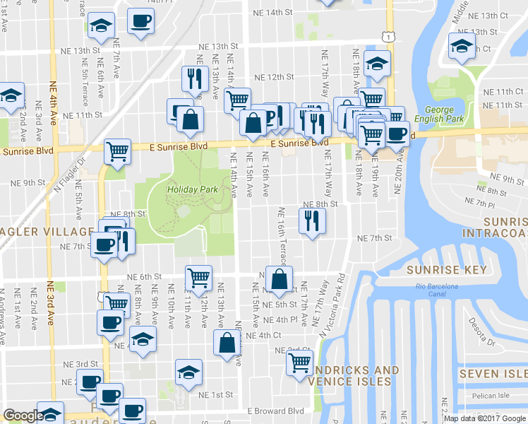 map of restaurants, bars, coffee shops, grocery stores, and more near 726 Northeast 15th Avenue in Fort Lauderdale