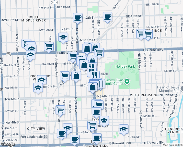 map of restaurants, bars, coffee shops, grocery stores, and more near 730 North Federal Highway in Fort Lauderdale