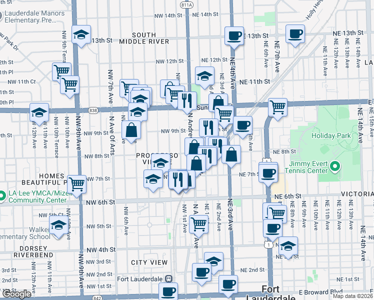 map of restaurants, bars, coffee shops, grocery stores, and more near 100 Northwest 8th Street in Fort Lauderdale