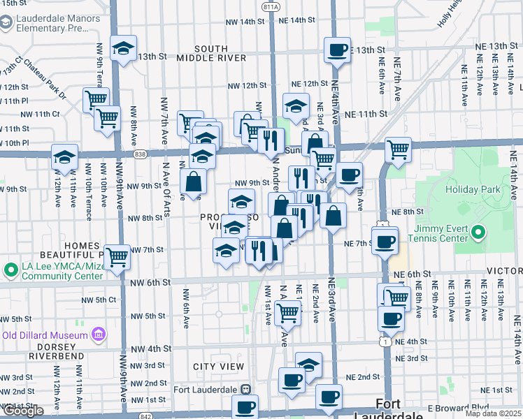 map of restaurants, bars, coffee shops, grocery stores, and more near 100 Northwest 8th Street in Fort Lauderdale
