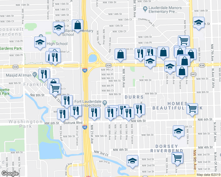 map of restaurants, bars, coffee shops, grocery stores, and more near 1718 Northwest 8th Court in Fort Lauderdale
