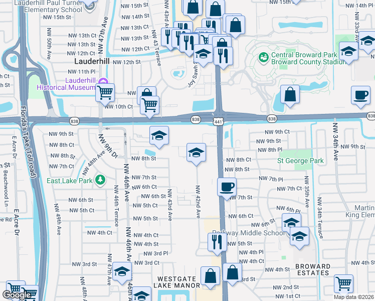 map of restaurants, bars, coffee shops, grocery stores, and more near 675 Northwest 42nd Avenue in Plantation