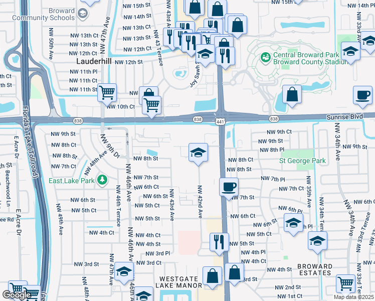 map of restaurants, bars, coffee shops, grocery stores, and more near 675 Northwest 42nd Avenue in Plantation