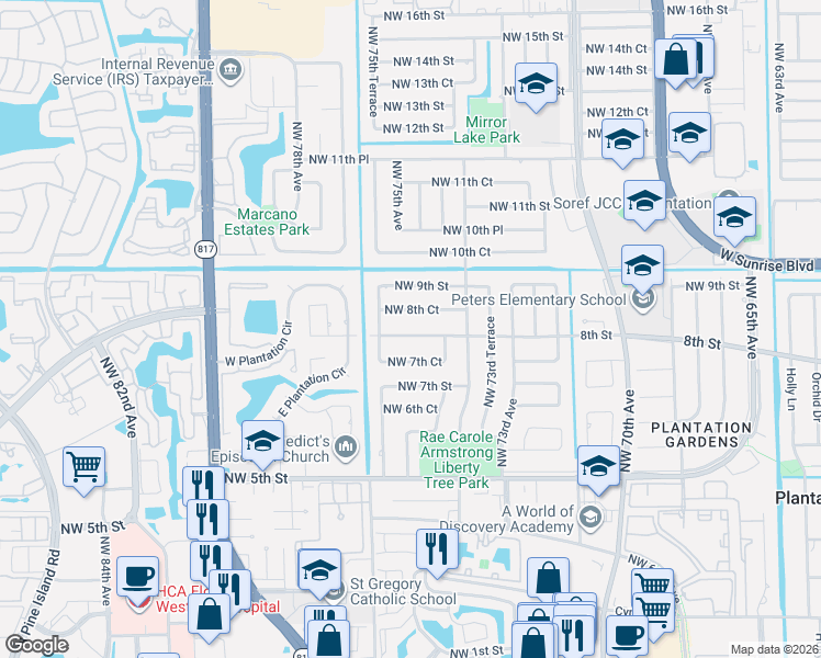 map of restaurants, bars, coffee shops, grocery stores, and more near 7460 Plantation Road in Plantation