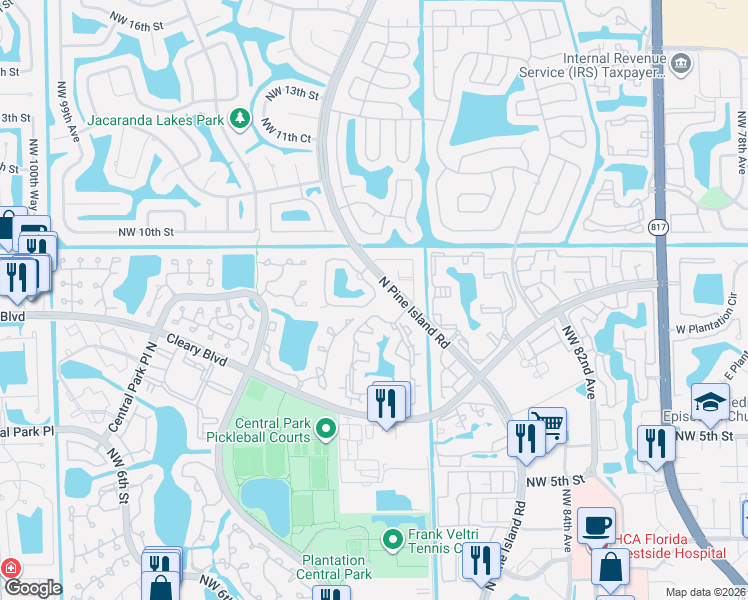 map of restaurants, bars, coffee shops, grocery stores, and more near 9143 Vineyard Lake Drive in Plantation