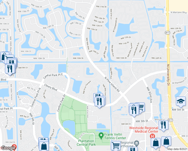 map of restaurants, bars, coffee shops, grocery stores, and more near 9143 Vineyard Lake Drive in Plantation