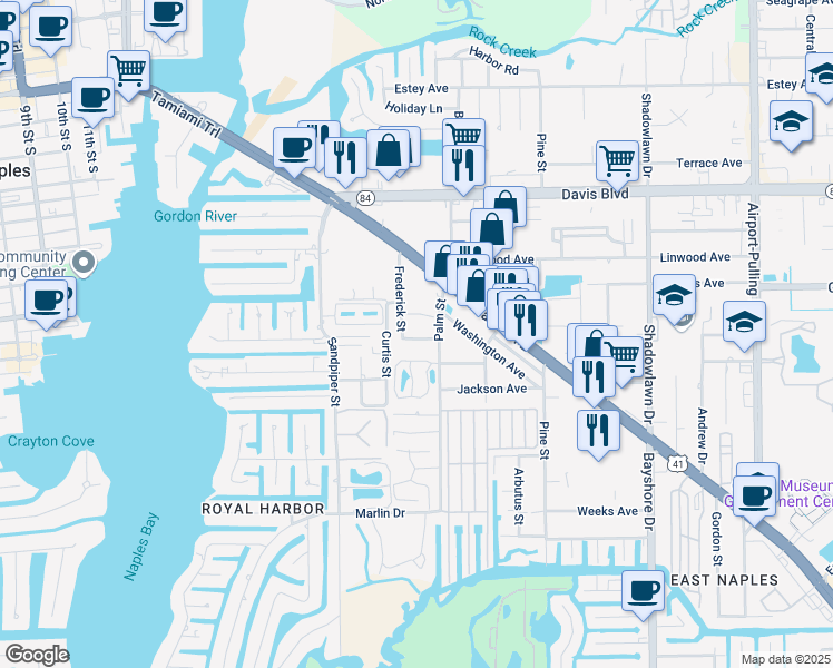 map of restaurants, bars, coffee shops, grocery stores, and more near 2030 Monroe Avenue in Naples