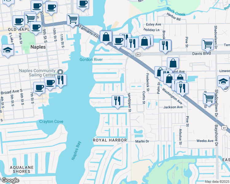 map of restaurants, bars, coffee shops, grocery stores, and more near 1540 Blue Point Avenue in Naples