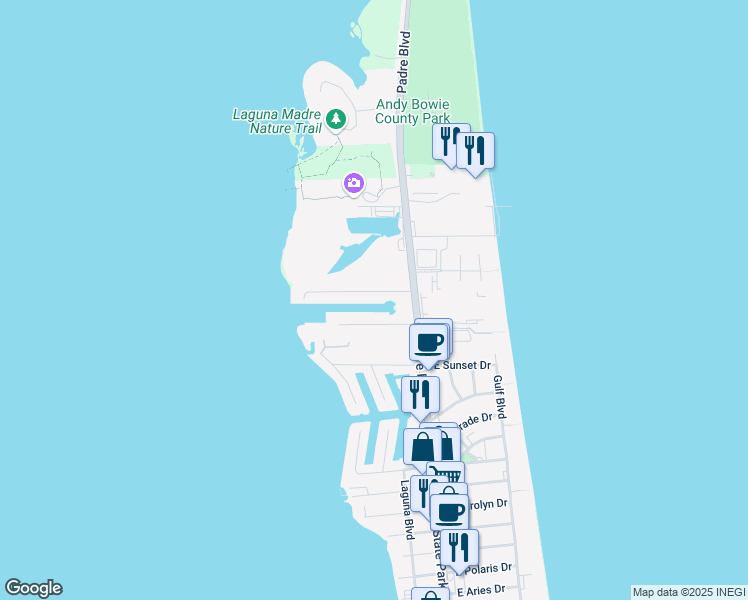 map of restaurants, bars, coffee shops, grocery stores, and more near 112-128 Kings Court in South Padre Island