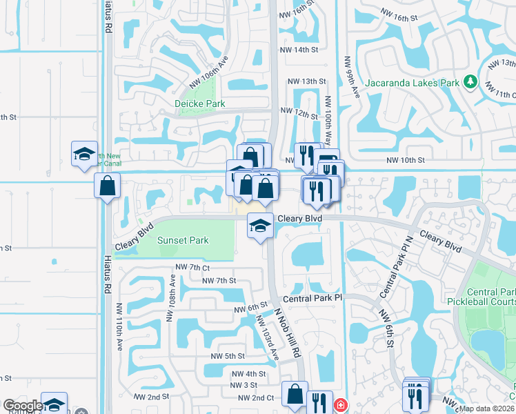 map of restaurants, bars, coffee shops, grocery stores, and more near 801 North Nob Hill Road in Plantation