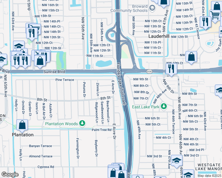 map of restaurants, bars, coffee shops, grocery stores, and more near 5301 Myrtle Terrace in Plantation