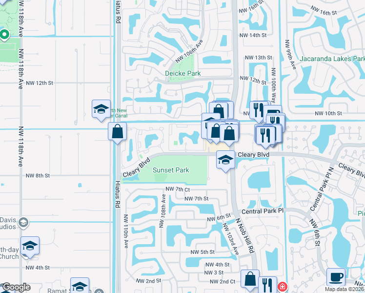 map of restaurants, bars, coffee shops, grocery stores, and more near 10781 Cleary Boulevard in Plantation
