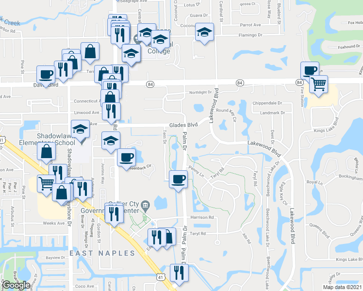 map of restaurants, bars, coffee shops, grocery stores, and more near 78 Glades Boulevard in Naples