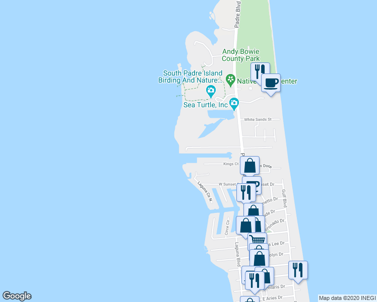 map of restaurants, bars, coffee shops, grocery stores, and more near 214 Kings Court in South Padre Island