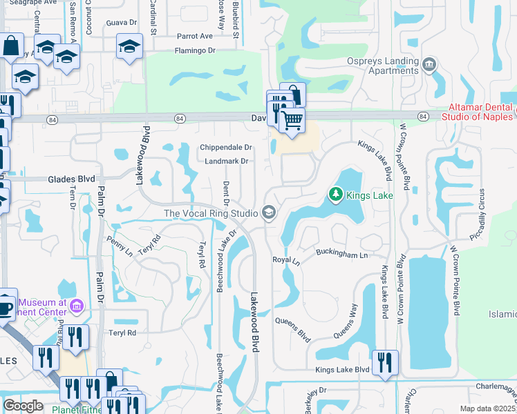 map of restaurants, bars, coffee shops, grocery stores, and more near 4513 Beechwood Lake Drive in Naples