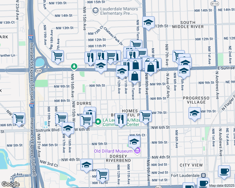 map of restaurants, bars, coffee shops, grocery stores, and more near 1221 Northwest 8th Street in Fort Lauderdale